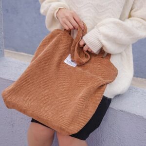 Women's Corduroy Shopper Bag With Interior Zipper Pocket