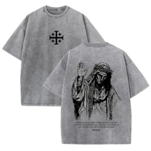 2026 Jesus With Crown of Thorns T Shirt Vintage Washed Grey Graphic Tee Unisex Casual Religious Top