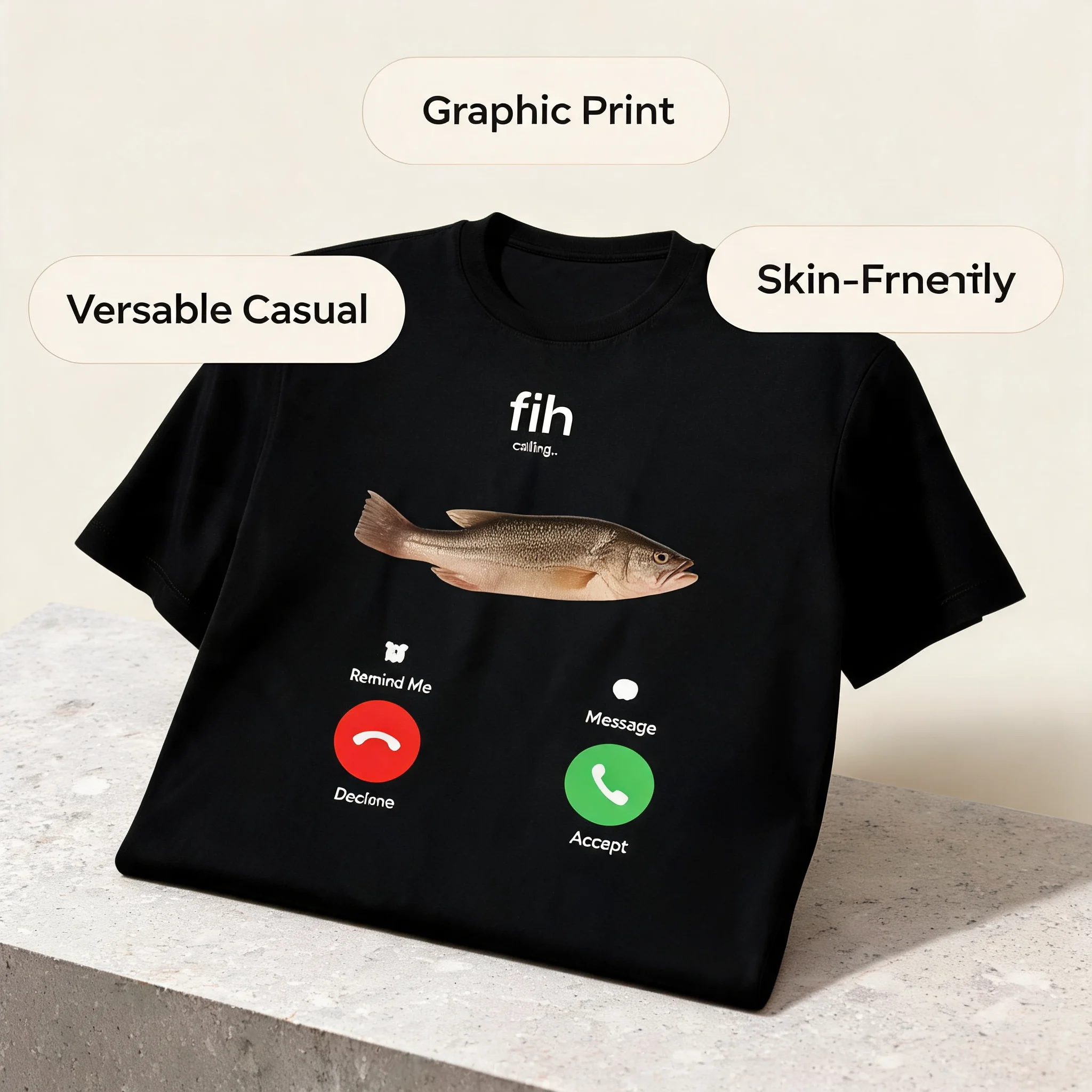 100% Cotton Fih Calling Remind Me Message Decline Accept Phone Call Fish Fit Casual Streetwear Men Gifts Flower Print Classic Crew Neck Short Sleeves Regular Fit Breathable Stylish Graphic T-Shirt
