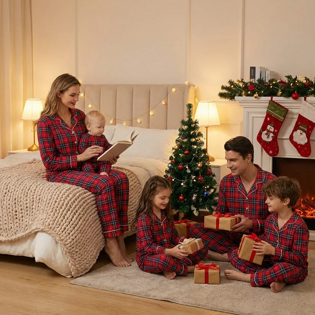 Merry Xmas Family Matching Pajamas Set Plaid Print Adults Kids Christmas Pyjamas Button Shirt+Trousers 2 Pieces Suit Loungewear