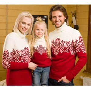 New Christmas Matching Sweaters Snowflake Print Mom Dress Dad Kids Jacquard Jumpers Thick Warm Turtleneck Pullover Top Xmas Look