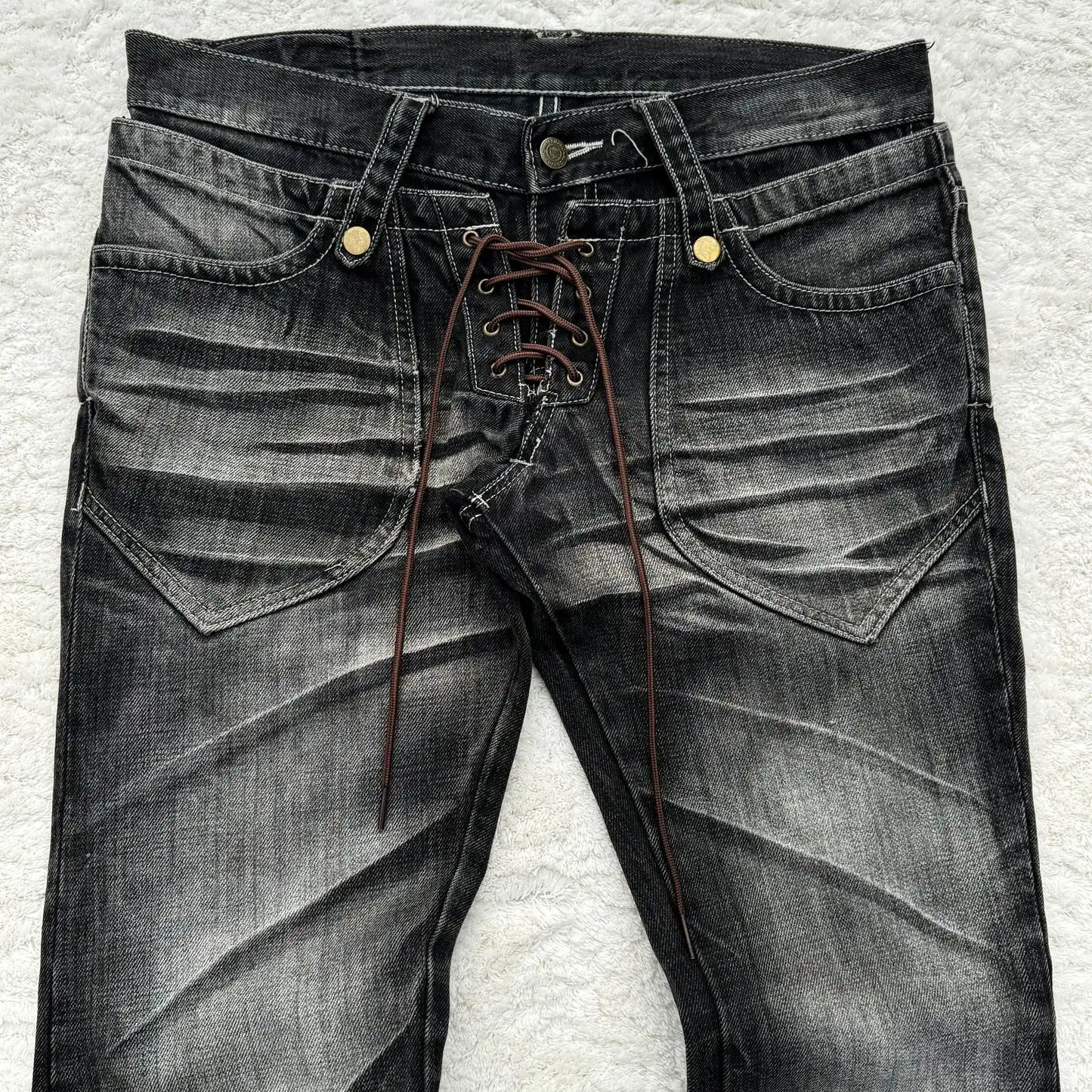 Y2K Distressed Flare Jeans Gothic Men Double Waist Lace Up Denim Pants Retro Washed Scratches Streetwear Unisex Bootcut Jeans