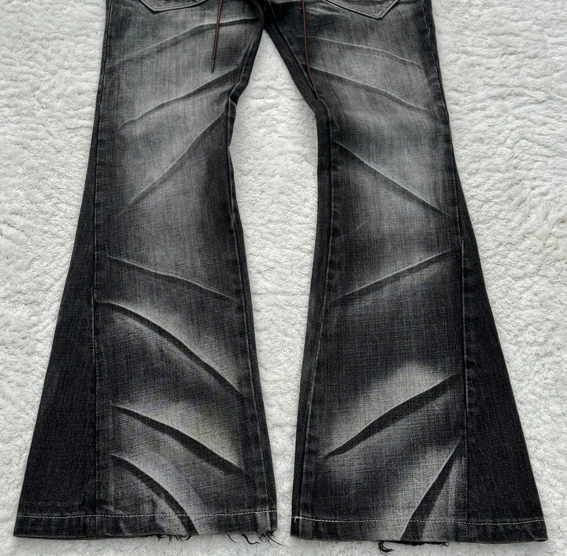 Y2K Distressed Flare Jeans Gothic Men Double Waist Lace Up Denim Pants Retro Washed Scratches Streetwear Unisex Bootcut Jeans