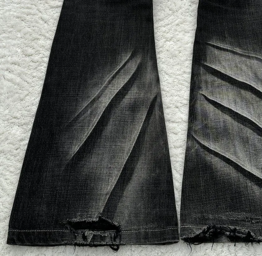 Y2K Distressed Flare Jeans Gothic Men Double Waist Lace Up Denim Pants Retro Washed Scratches Streetwear Unisex Bootcut Jeans