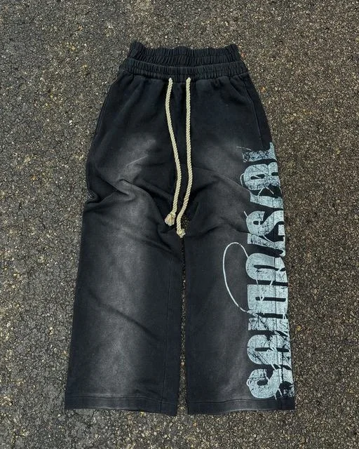 Summer Hot Distressed Vertical Letter Print Wide Leg Pants Unisex Thick Drawstring Y2K Vintage Hip Hop Streetwear Trousers Summer Hot Distressed Vertical Letter Print Wide Leg Pants Unisex Thick Drawstring Y2K Vintage Hip Hop Streetwear Trousers