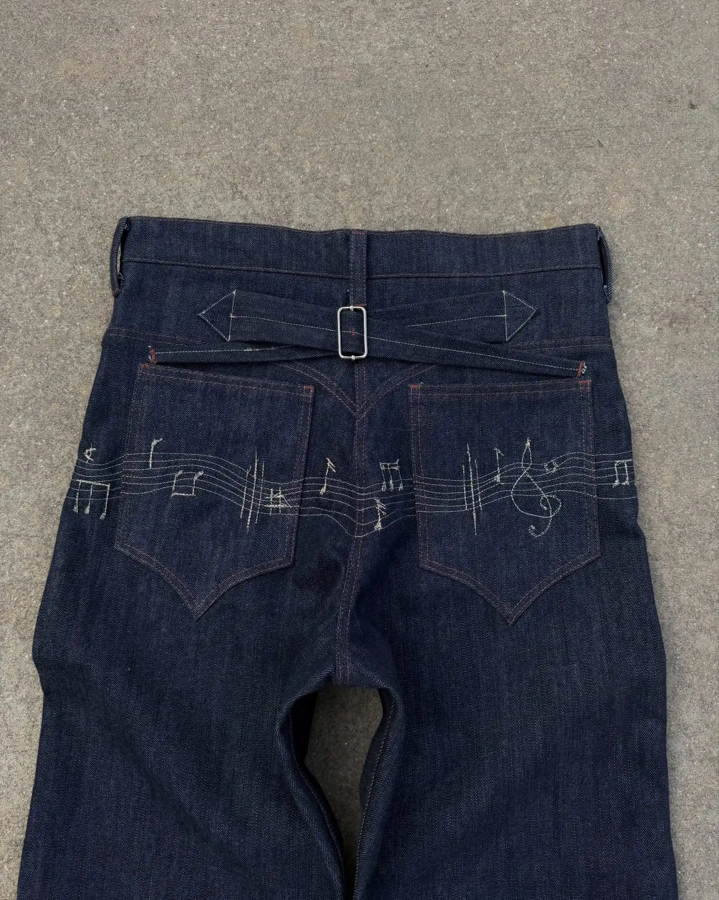 Y2K Vintage Flare Denim Pants Musical Staff Embroidery Adjustable Waist Trousers Unisex Streetwear Fashion Baggy Jeans