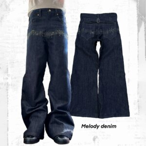 Y2K Vintage Flare Denim Pants Musical Staff Embroidery Adjustable Waist Trousers Unisex Streetwear Fashion Baggy Jeans