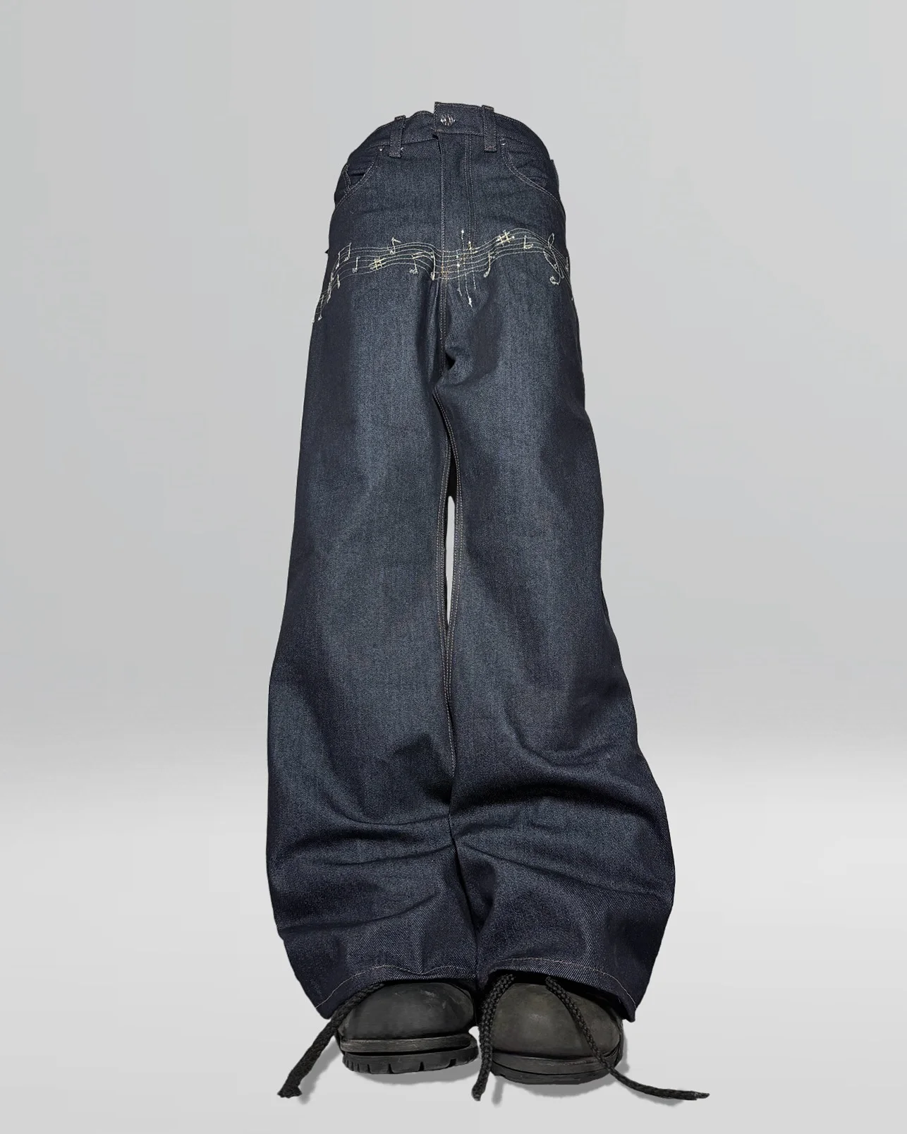 Y2K Vintage Flare Denim Pants Musical Staff Embroidery Adjustable Waist Trousers Unisex Streetwear Fashion Baggy Jeans