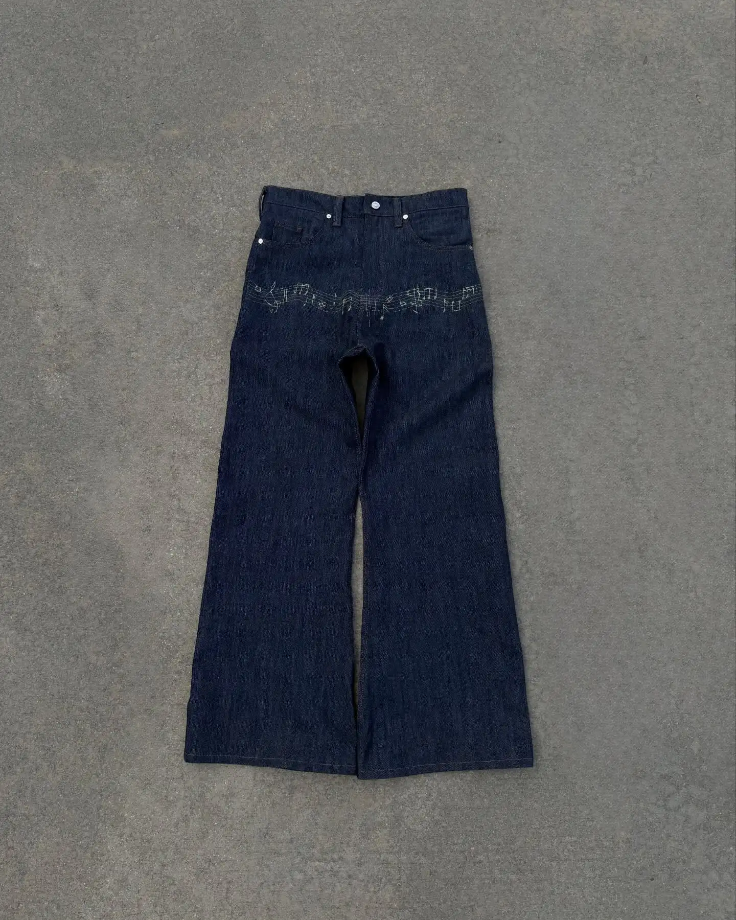 Y2K Vintage Flare Denim Pants Musical Staff Embroidery Adjustable Waist Trousers Unisex Streetwear Fashion Baggy Jeans