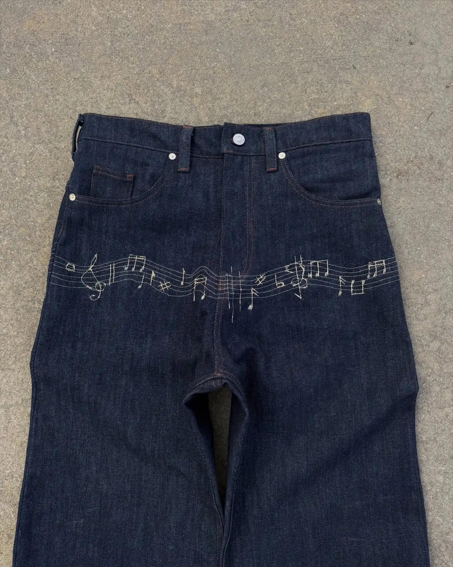 Y2K Vintage Flare Denim Pants Musical Staff Embroidery Adjustable Waist Trousers Unisex Streetwear Fashion Baggy Jeans