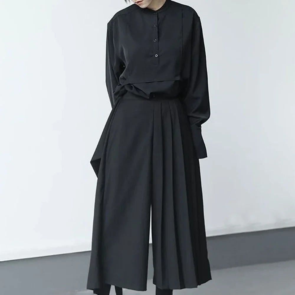 Double-layer Pleated Dark Loose Nine-point Wide-leg Pants Unisex Versatile High-waisted Tight-waisted Straight Culottes Double-layer Pleated Dark Loose Nine-point Wide-leg Pants Unisex Versatile High-waisted Tight-waisted Straight Culottes