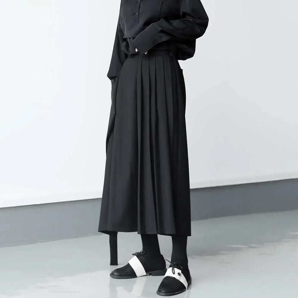 Double-layer Pleated Dark Loose Nine-point Wide-leg Pants Unisex Versatile High-waisted Tight-waisted Straight Culottes Double-layer Pleated Dark Loose Nine-point Wide-leg Pants Unisex Versatile High-waisted Tight-waisted Straight Culottes