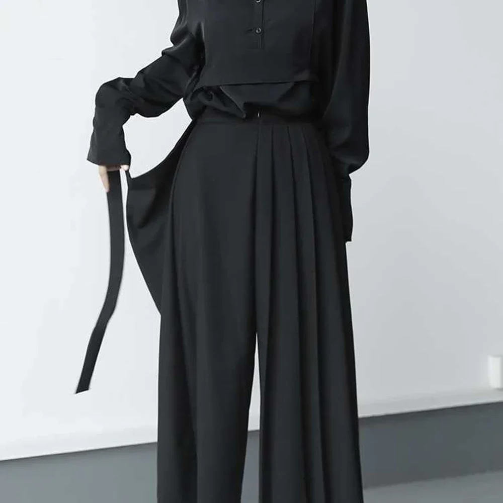Double-layer Pleated Dark Loose Nine-point Wide-leg Pants Unisex Versatile High-waisted Tight-waisted Straight Culottes Double-layer Pleated Dark Loose Nine-point Wide-leg Pants Unisex Versatile High-waisted Tight-waisted Straight Culottes
