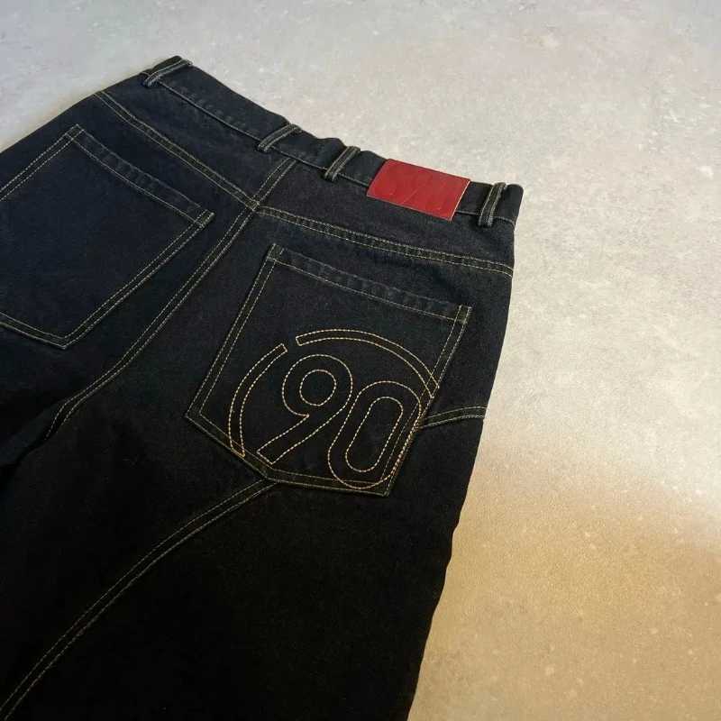Y2K American Vintage Denim Shorts Embroidery Number 90 Pattern Bright Line Street Shorts Hip Hop Harajuku Unisex Wide Leg Pants - Image 2