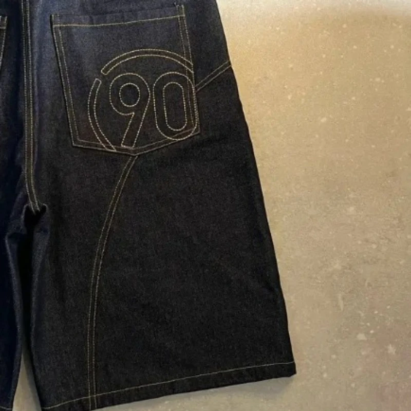 Y2K American Vintage Denim Shorts Embroidery Number 90 Pattern Bright Line Street Shorts Hip Hop Harajuku Unisex Wide Leg Pants - Image 3