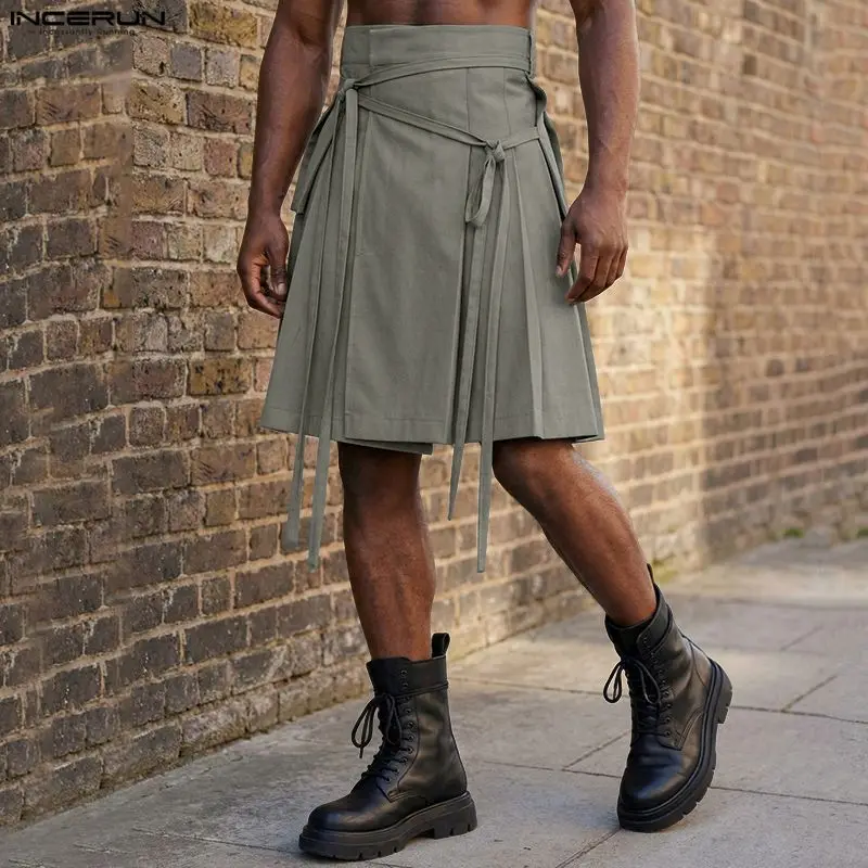 INCERUN Men Skirts Solid Color Pleated Lace Up Personality 2026 Fashion Men Bottoms Streetwear Summer Casual Unisex Shorts S-5XL