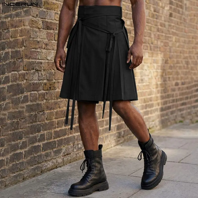INCERUN Men Skirts Solid Color Pleated Lace Up Personality 2026 Fashion Men Bottoms Streetwear Summer Casual Unisex Shorts S-5XL
