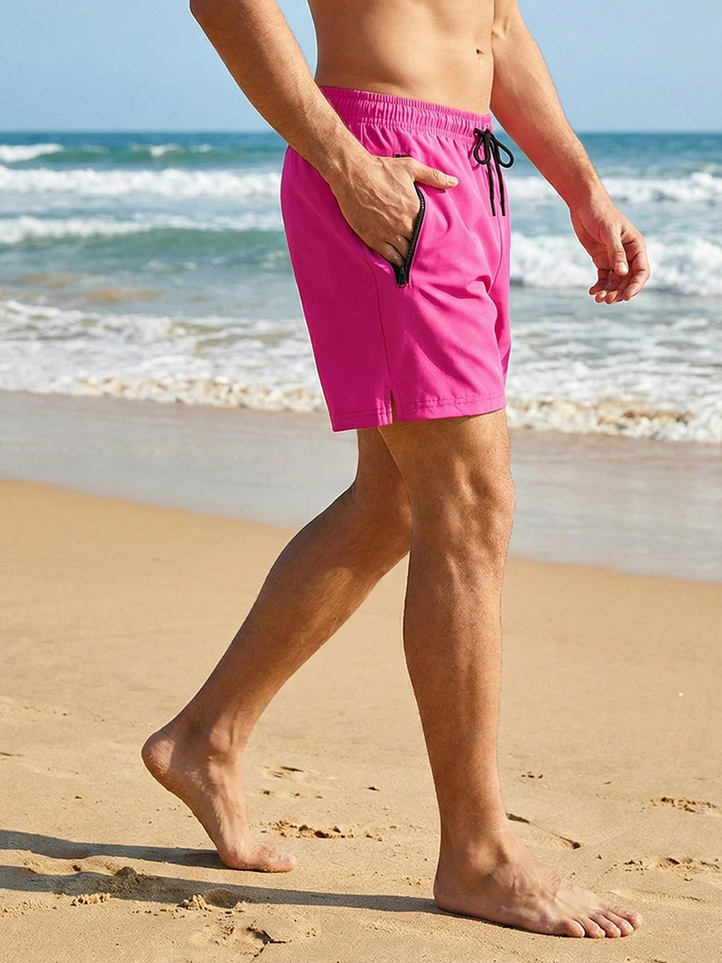 Men's Beach Shorts with Mesh Liner Summer Casual Board Shorts with Zipper Side Pockets Swim Trunks Swimwear Swimsuit Beachwear