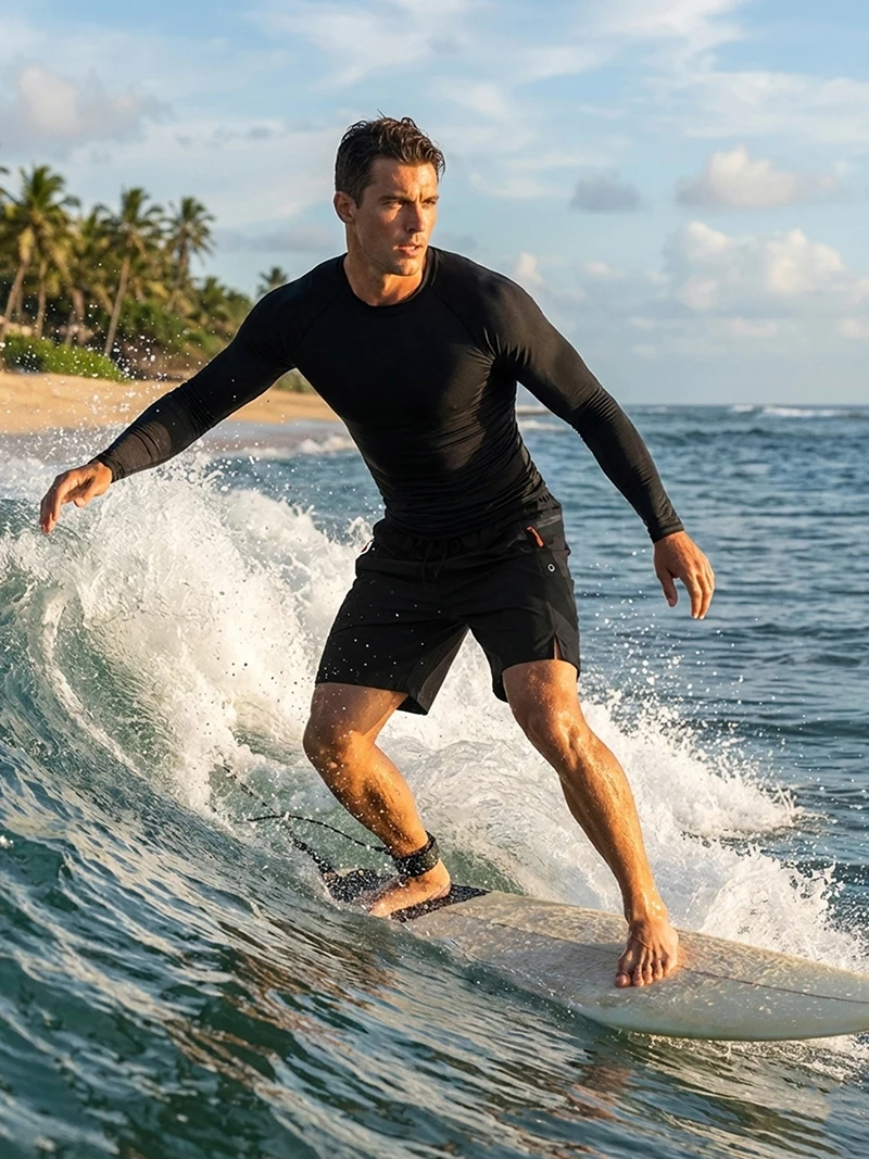 Mens Beach Casual Sporty Surfing Clothing Set Quick-Dry Long Sleeve Rash Guard Board Shorts with Zipper Side Pockets Mesh Lining