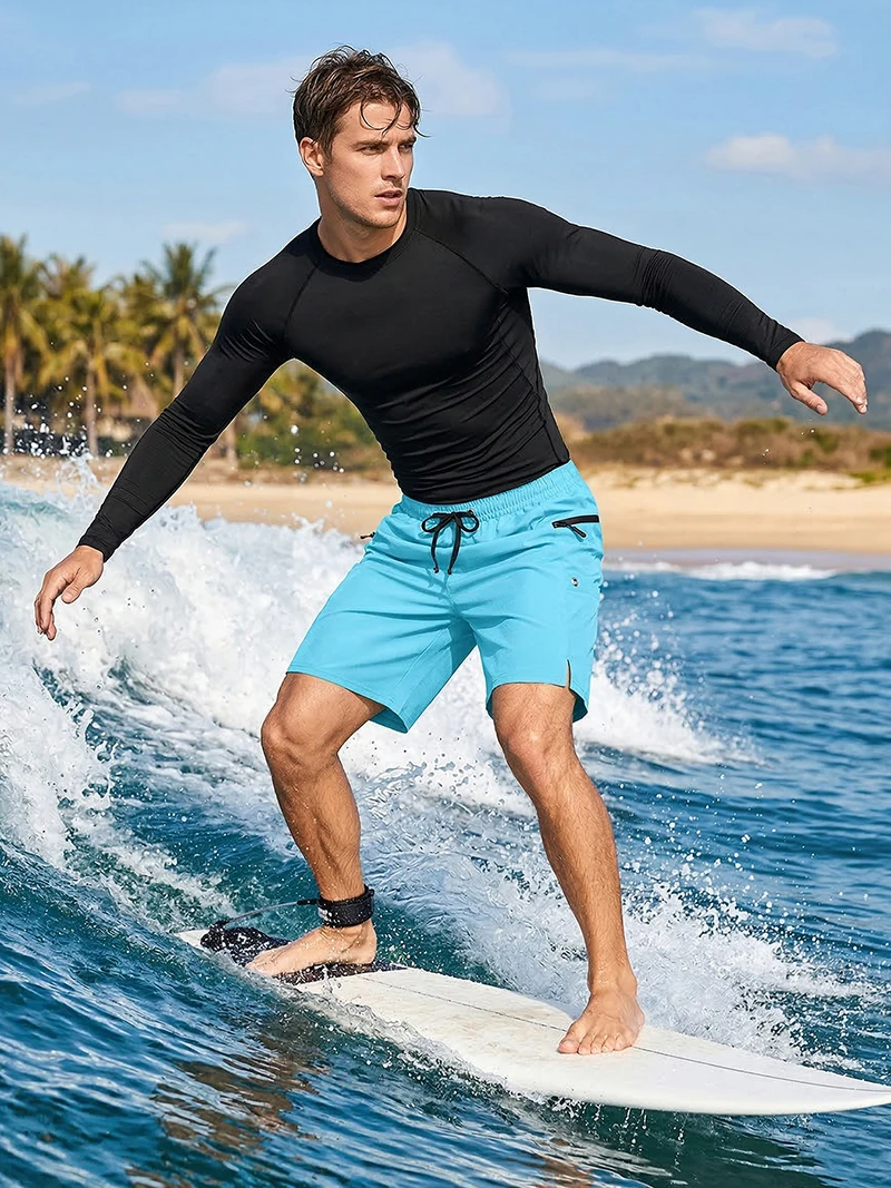Mens Beach Casual Sporty Surfing Clothing Set Quick-Dry Long Sleeve Rash Guard Board Shorts with Zipper Side Pockets Mesh Lining