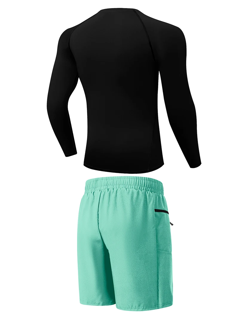 Mens Beach Casual Sporty Surfing Clothing Set Quick-Dry Long Sleeve Rash Guard Board Shorts with Zipper Side Pockets Mesh Lining