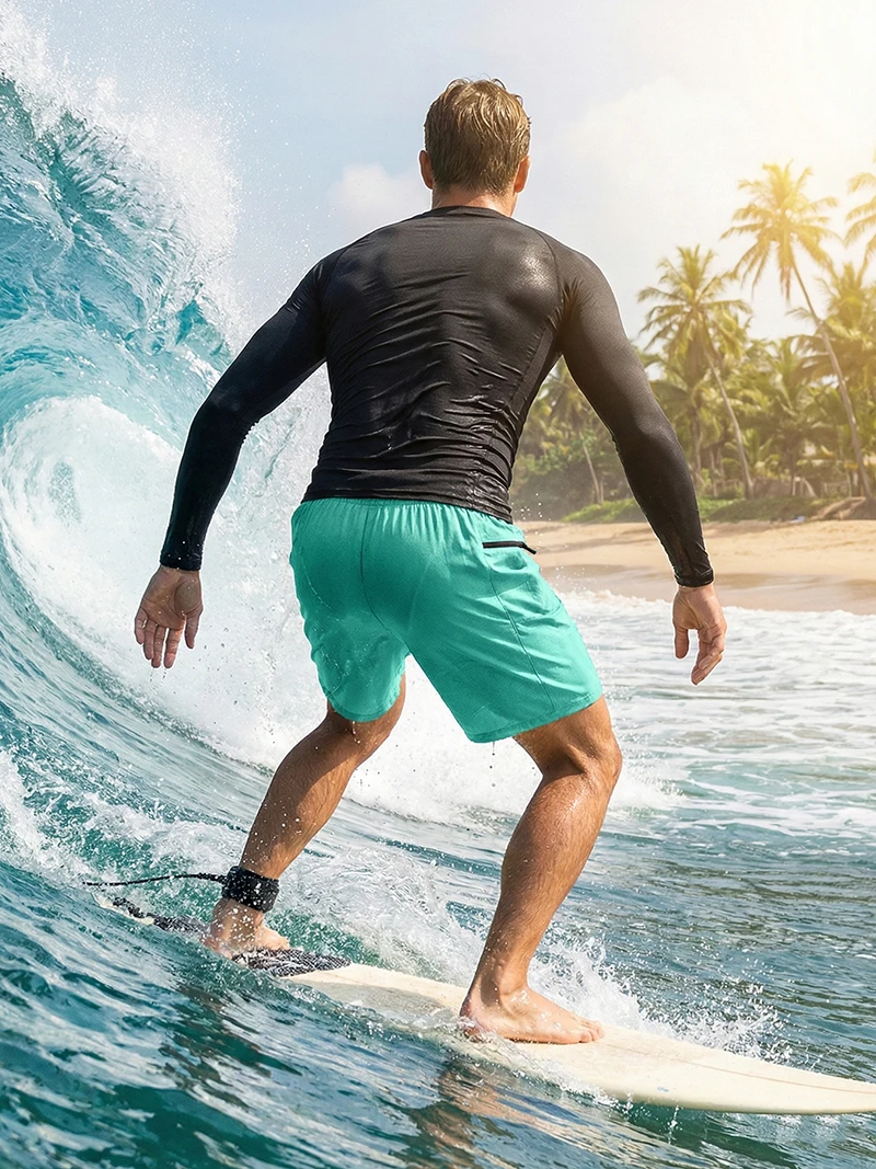 Mens Beach Casual Sporty Surfing Clothing Set Quick-Dry Long Sleeve Rash Guard Board Shorts with Zipper Side Pockets Mesh Lining
