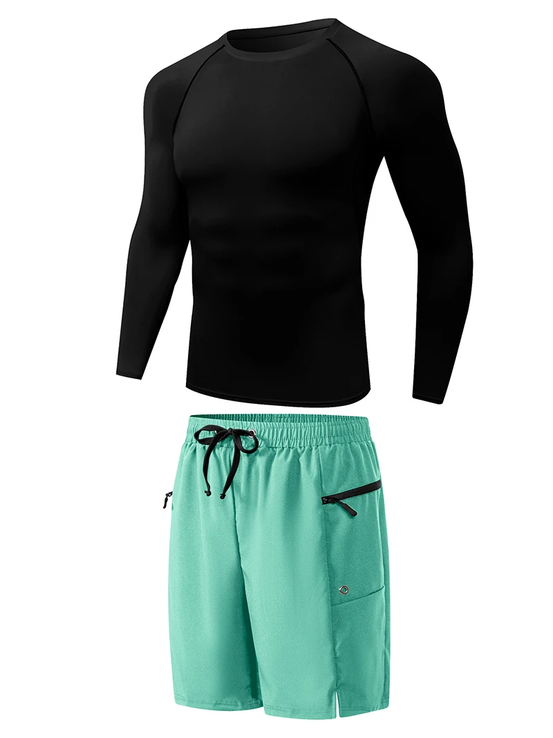 Mens Beach Casual Sporty Surfing Clothing Set Quick-Dry Long Sleeve Rash Guard Board Shorts with Zipper Side Pockets Mesh Lining