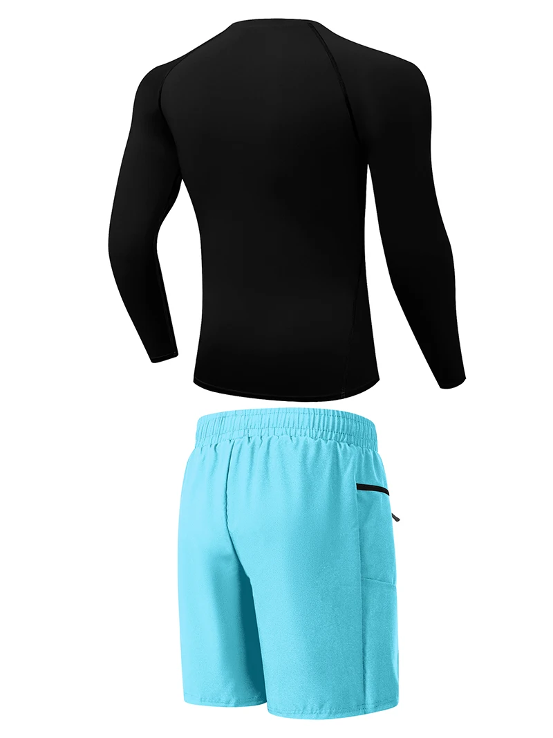 Mens Beach Casual Sporty Surfing Clothing Set Quick-Dry Long Sleeve Rash Guard Board Shorts with Zipper Side Pockets Mesh Lining