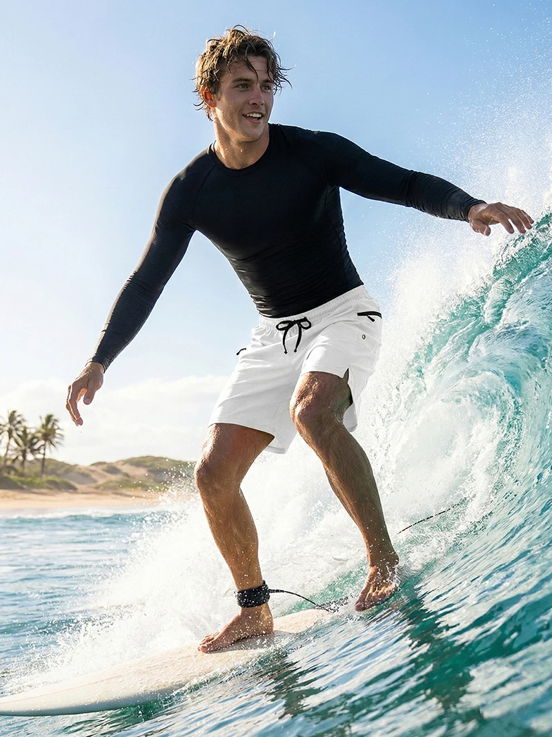 Mens Beach Casual Sporty Surfing Clothing Set Quick-Dry Long Sleeve Rash Guard Board Shorts with Zipper Side Pockets Mesh Lining