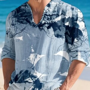 Men Henley Neck Shirt Abstract Brush Stroke Graffiti Art Print Long Sleeve Loose Tops Casual Beach Summer Resort Vacation Blouse