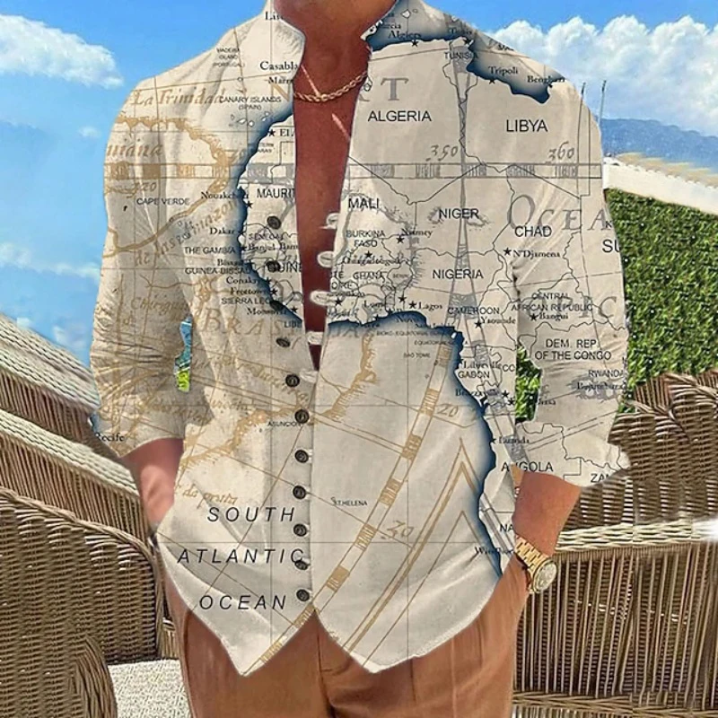 Men's Stand up Collar Long Sleeved Shirt with Retro Print and Loose Buckle, Bohemian Beach Vacation, Daily Casual Men's Top