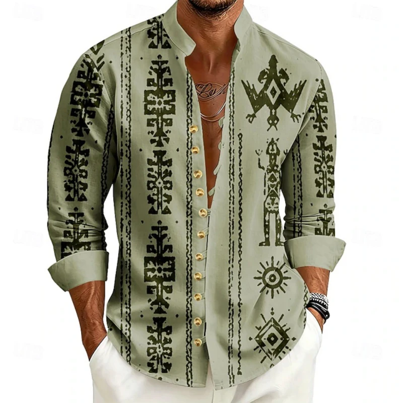 Men's Stand up Collar Long Sleeved Shirt with Retro Print and Loose Buckle, Bohemian Beach Vacation, Daily Casual Men's Top