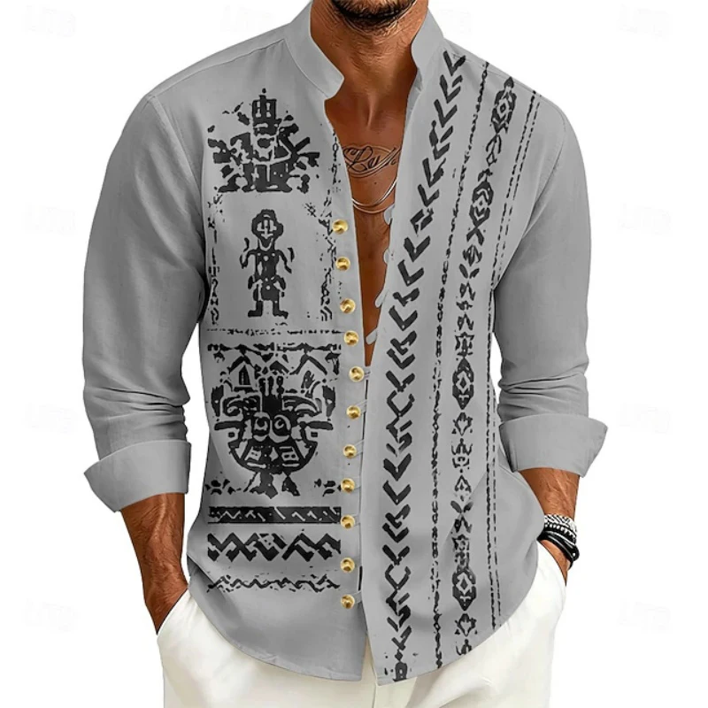 Men's Stand up Collar Long Sleeved Shirt with Retro Print and Loose Buckle, Bohemian Beach Vacation, Daily Casual Men's Top