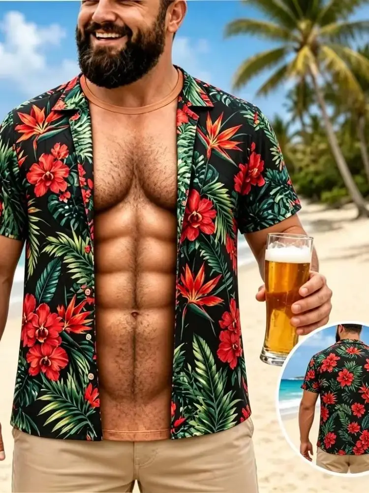 Men Funny Muscle Illusion T-Shirt 3D Print Fake Open Hawaiian Tee Too Hot to Handle Summer Holiday Casual Gift Men's Clothing