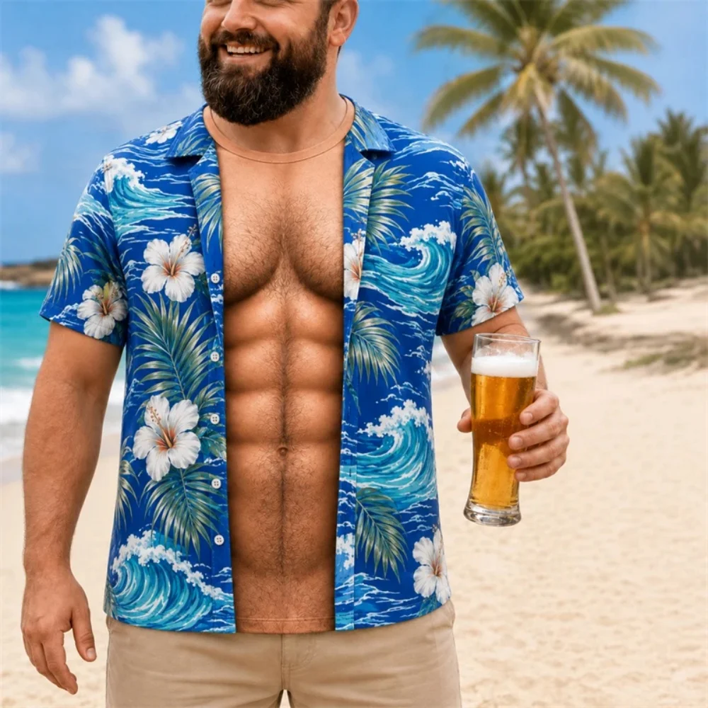 Men Funny Muscle Illusion T-Shirt 3D Print Fake Open Hawaiian Tee Too Hot to Handle Summer Holiday Casual Gift Men's Clothing