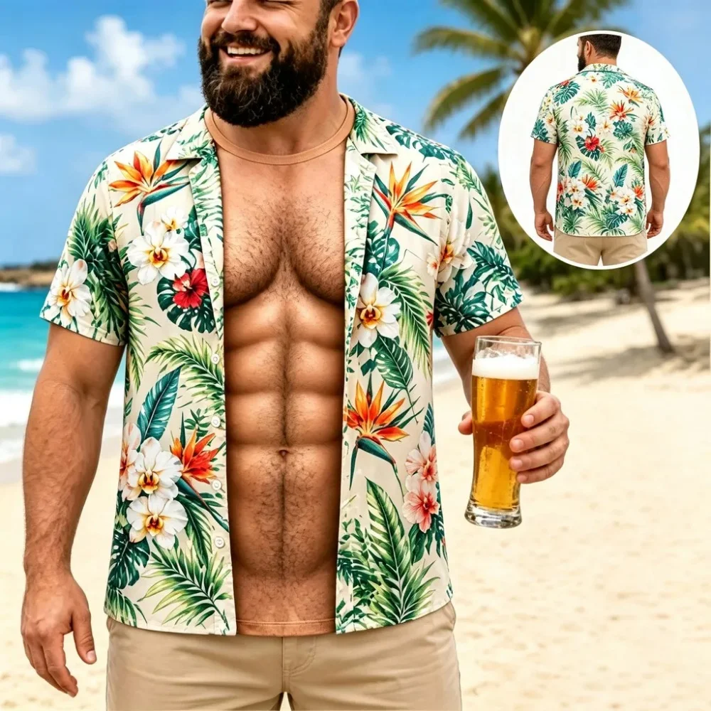 Men Funny Muscle Illusion T-Shirt 3D Print Fake Open Hawaiian Tee Too Hot to Handle Summer Holiday Casual Gift Men's Clothing