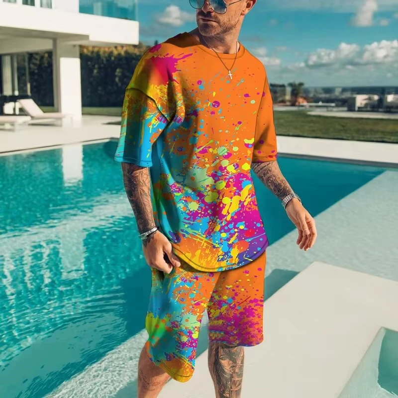 Fashionable men's sportswear summer beach short sleeved 3D printed shirt set street wear T-shirt shorts men's loose size clothes