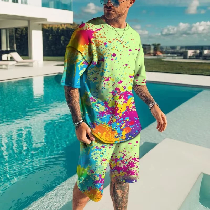 Fashionable men's sportswear summer beach short sleeved 3D printed shirt set street wear T-shirt shorts men's loose size clothes