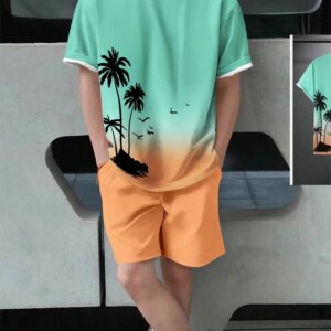 New Men's Suit Hawaiian Gradient Coconut Print Suit Summer Beach T-Shirt and Pants 2 Piece Fashion Sports Plus Size Men's Suit