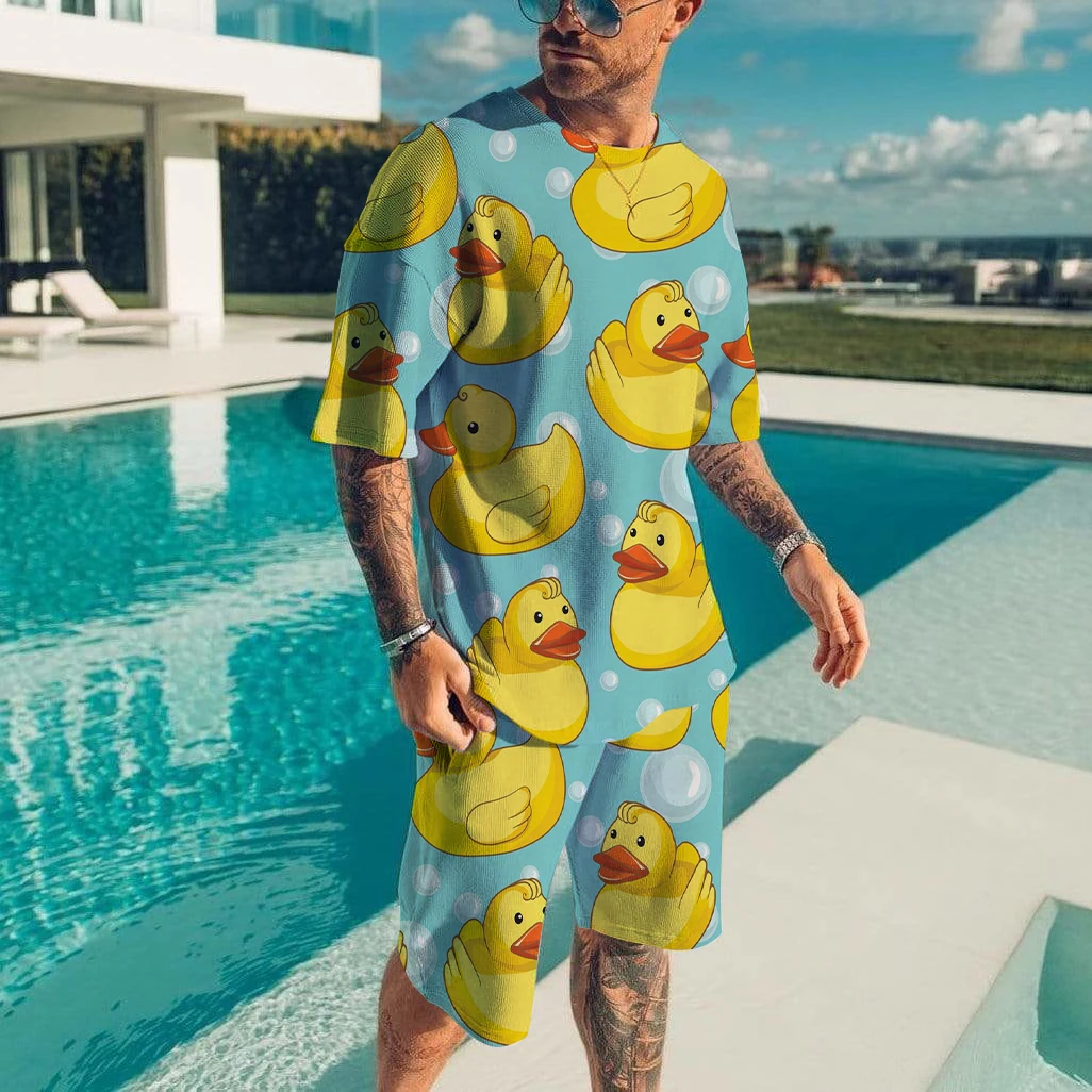 Cute duck 3D printed T-shirt shorts set for men's casual fashion loose short sleeved T-shirt pants set for men's lightweight and