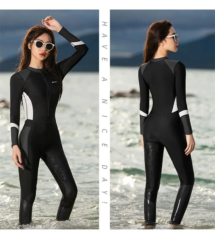 Women's One-piece Swimsuit with Long Sleeves and Pants Fully Wrapped for Sun Protection and Belly Coverage, Slimming Diving Suit
