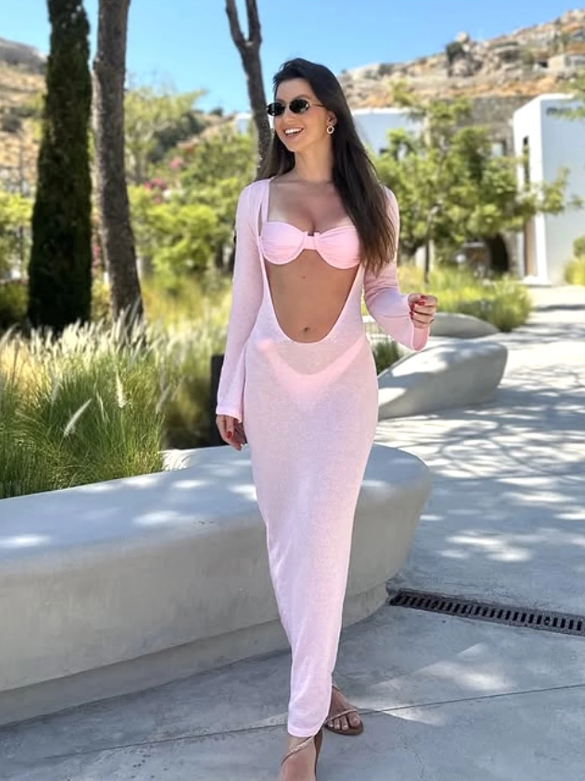 Fashion Casual Long Sleeve Beach Cover-Up, Knit Transparent Dress for Vacation, Fitted Style, All Seasons Wear