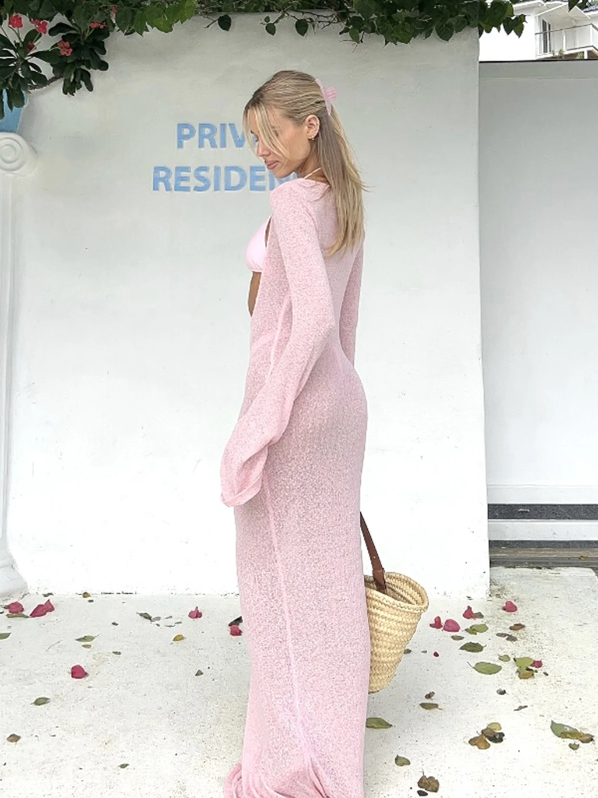 Fashion Casual Long Sleeve Beach Cover-Up, Knit Transparent Dress for Vacation, Fitted Style, All Seasons Wear