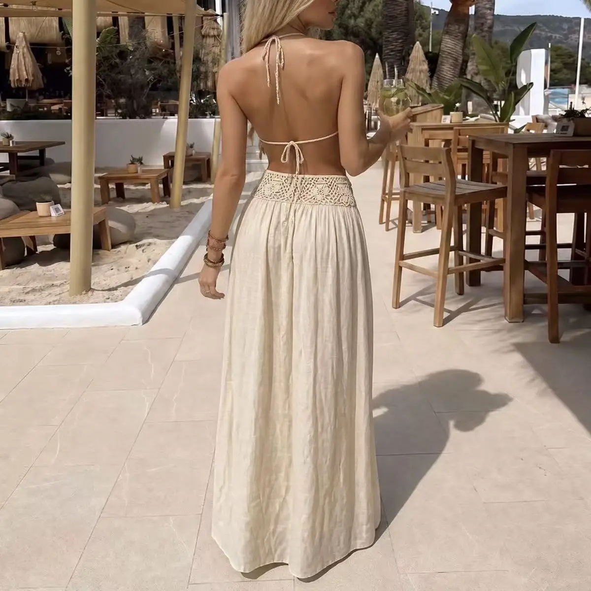 Boho Style Shell Decor Hand Hook Top Long Skirt Set, Summer Beach Vacation Tie Design Hollow Out Sheer Cover-Up Set, Two-Piece