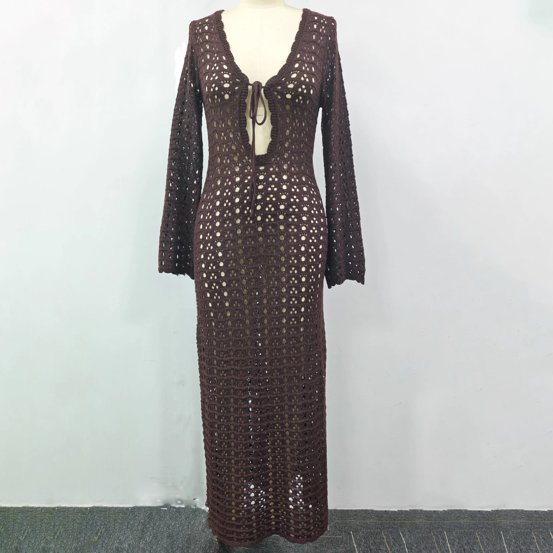 Sexy Bikini Cover Up Lace Hollow Crochet Swimsuit Beach Dress Women 2025 Summer Cover-Ups Coffee Bathing Suit Beach Wear Tunic
