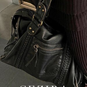 Vintage Washed PU Leather Large Capacity Tote Zip Pockets Braid Decor Shoulder Cross body Bag Unisex Women Daily Travel Handbag