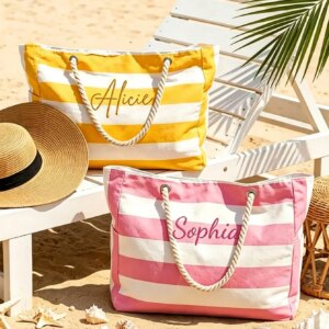 Custom Embroidery Name Striped Beach Bag Women Large Rope Handle Tote Bag Personalized Summer Swim Bag Vacation Gift
