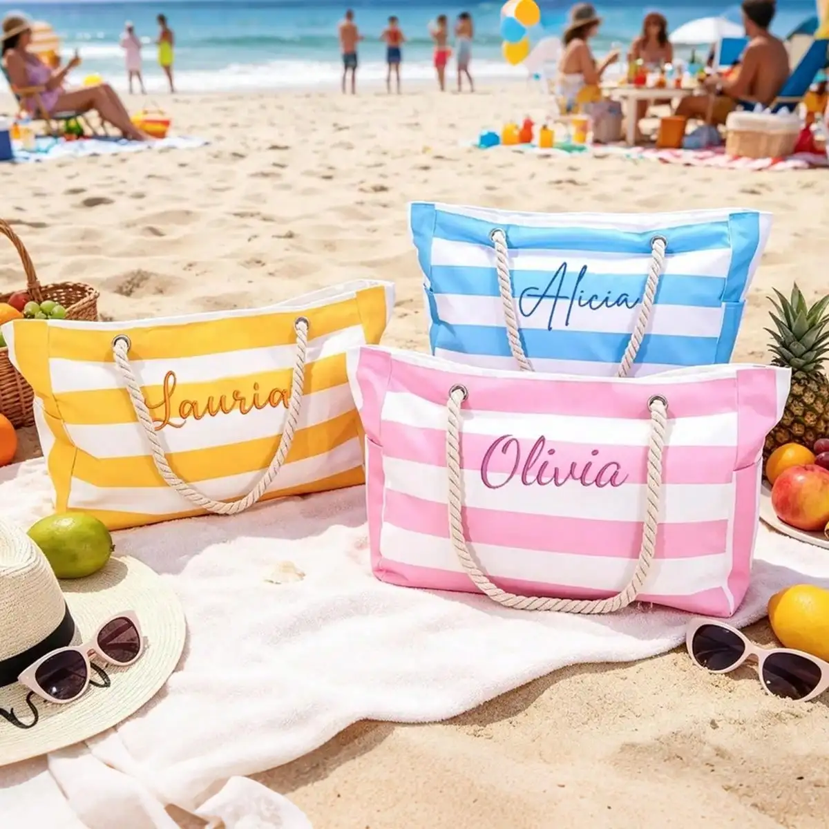 Custom Embroidery Name Striped Beach Bag Women Large Rope Handle Tote Bag Personalized Summer Swim Bag Vacation Gift