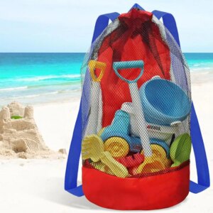 Mesh Beach Bag Drawstring Backpack Foldable Toy Organizer Pouch Shell Adjustable Straps Large Capacity Beach Toy Bag Swim Bag
