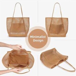 Women's Large Capacity Beach Tote Bag Foldable Mesh Beach Bag Swimming Bag Woven Shoulder Bag with Open Top for Travel Shopping